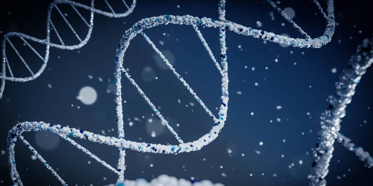 Close-up rendering of a crystalline DNA double helix against a dark blue background with floating particles