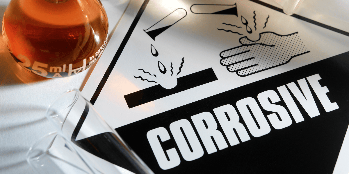 Close-up of a corrosive warning sign with a round-bottom flask and test tubes