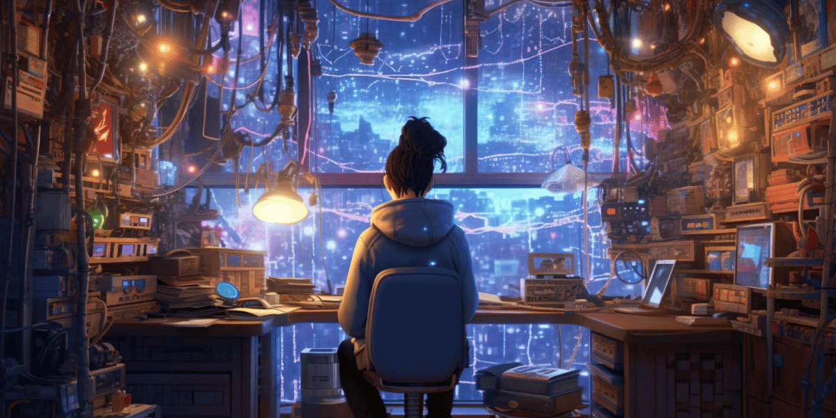 Person in a cluttered cyberpunk-themed room facing a window overlooking a neon-lit cityscape