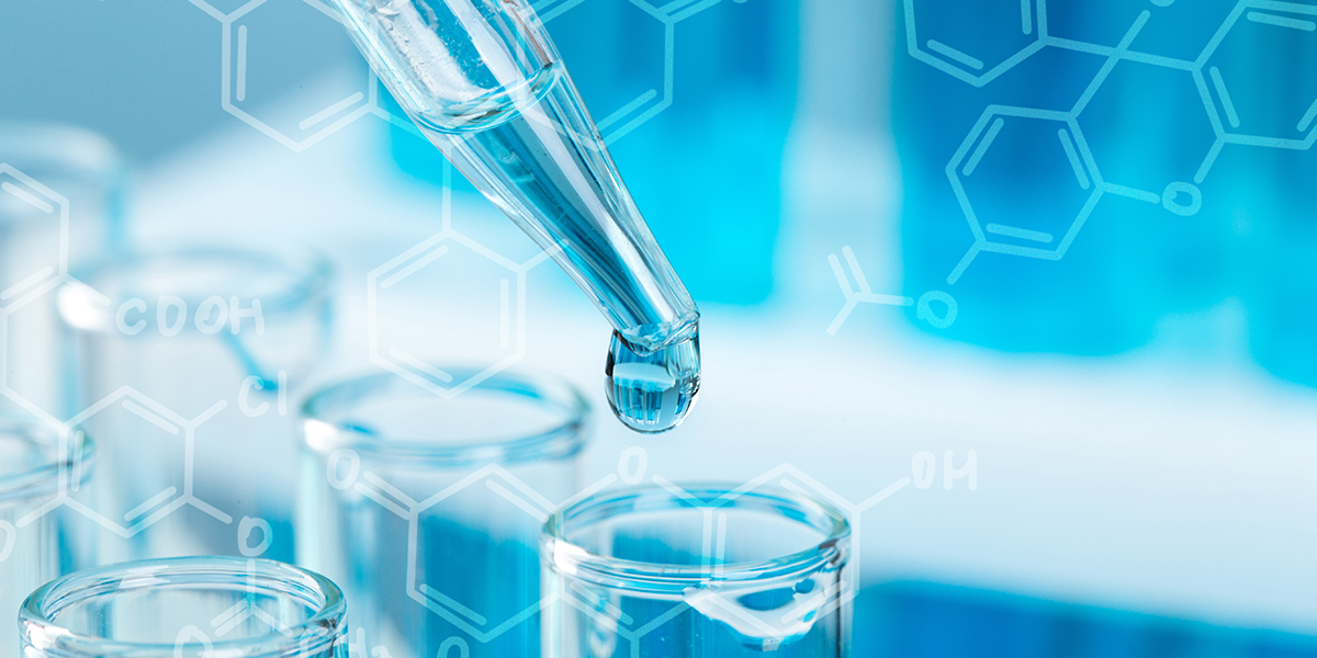A pipette dispensing liquid into a test tube with chemical structures overlaying the image