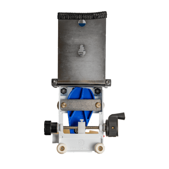 Back view of a mechanical pump assembly with a metal mounting plate, blue tear-shaped pump head base, and a black adjustment knob