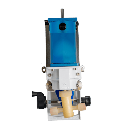 Close-up view of a mechanical pump with a blue cylindrical motor, an off-white pump head component, and adjustment knobs