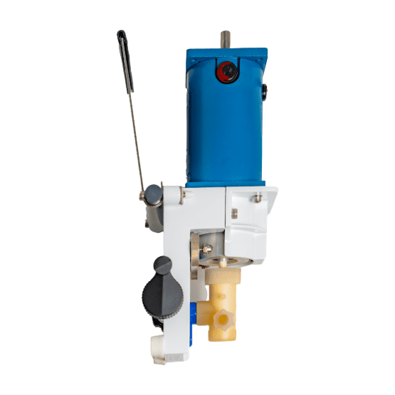 Side view of mechanical pump device with blue cylindrical motor, white middle section with knobs, and an off-white pump head component