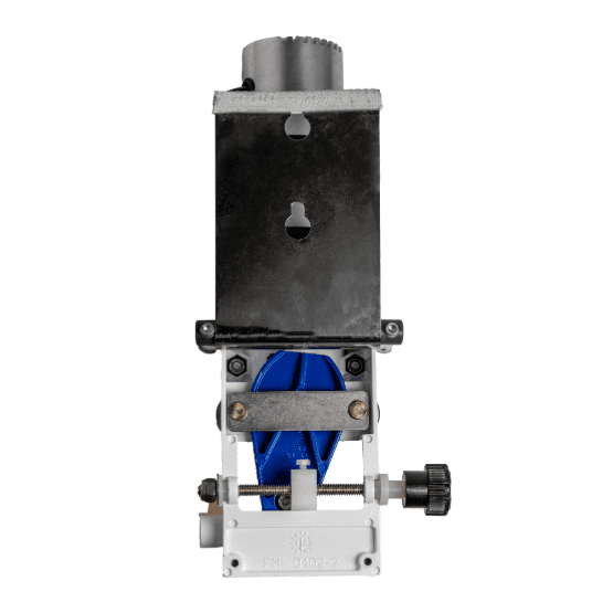 Back view of a mechanical pump assembly with a black metal mounting plate, blue tear-shaped pump head base, and a black adjustment knob
