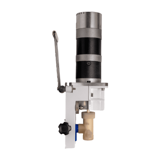 Side view of mechanical pump device with a black and metallic cylindrical top, white housing, beige pump head, and black adjustment knob