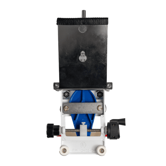 Back view of a mechanical pump assembly with a metal mounting plate, blue tear-shaped pump head base, and a black adjustment knob