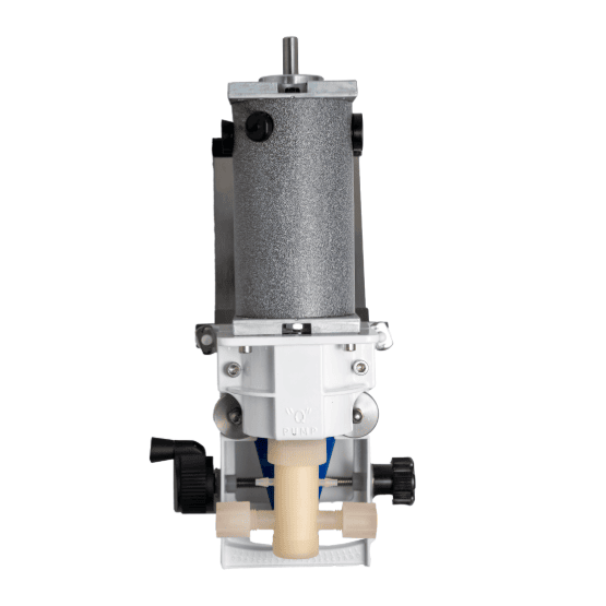 Vertical view of a mechanical pump device featuring a grey cylindrical motor, white housing, and black adjustment knobs