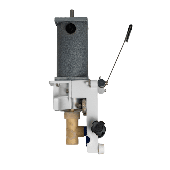 Side view of an industrial mechanical pump with a gray cylinder motor, white housing, beige pump head, and a thin metal mounting base