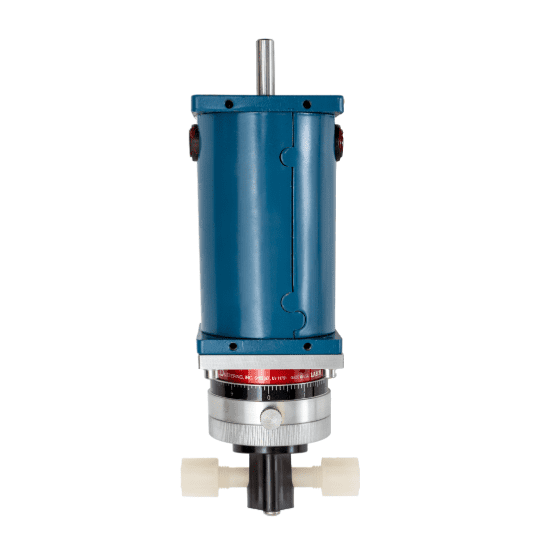 Cylindrical mechanical pump with a blue motor, a red band with text, a silver knurled section, and a black pump head with two white connectors