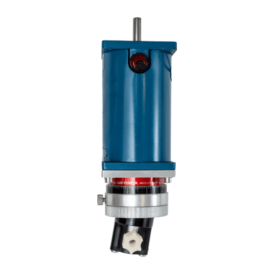 Blue cylindrical industrial pump motor with a metallic shaft at the top and a black pump head with a white connector feature at the bottom