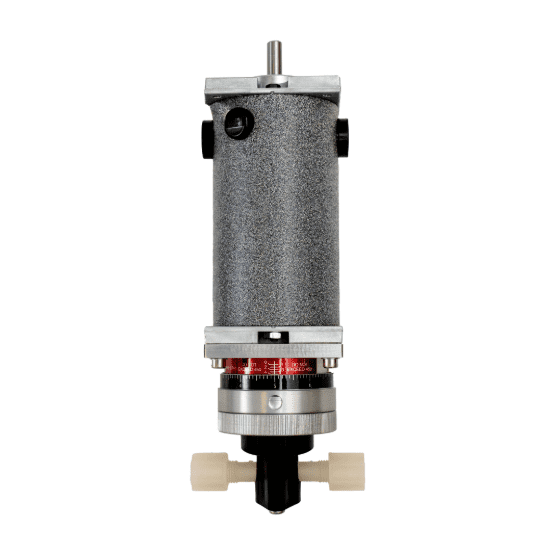 Back view of a cylindrical mechanical pump device with a gray motor, metallic caps, calibration markings, and black pump head with white connectors
