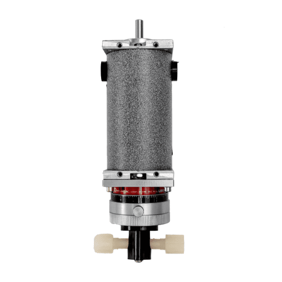 Front view of a cylindrical mechanical pump device with a gray motor, metallic caps, calibration markings, and black pump head with white connectors