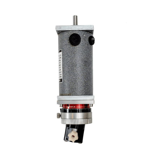 Side view of a cylindrical pump assembly with a gray motor, black fixtures, silver rod on top, and red, black, and white pump head at the bottom