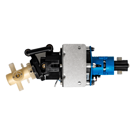 Mechanical pump device with two pump heads connected to a motor with cream and black-colored heads, gray metal middle part, and blue cylindrical body