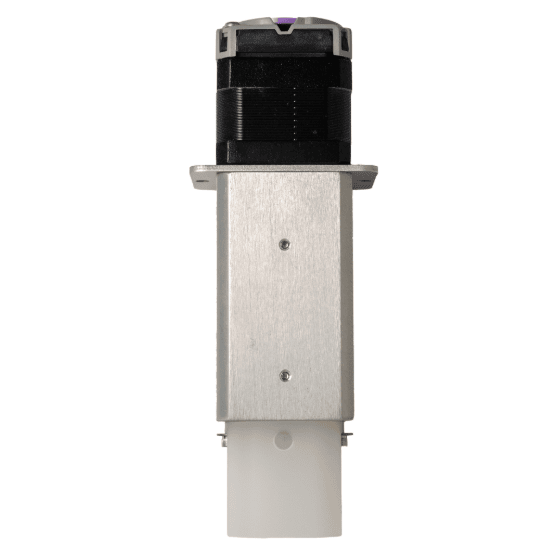 Mechanical pump component with a brushed metal body, black cylindrical top, and white cylindrical base