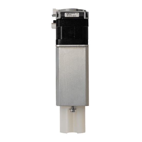 A rectangular mechanical pump component with metallic, plastic, and dark segments