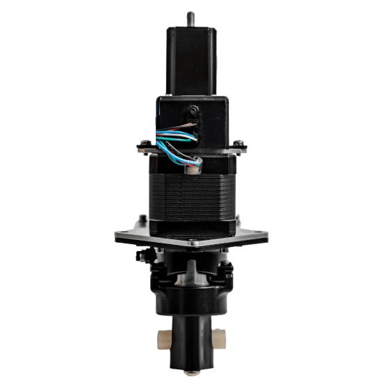 Black electric motor with a rectangular top, colored wires, and cylindrical central housing
