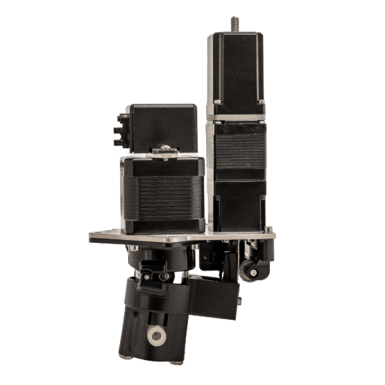 Mechanical assembly with black motor and black linear actuator units on a metallic base plate, attached to a cylindrical component below