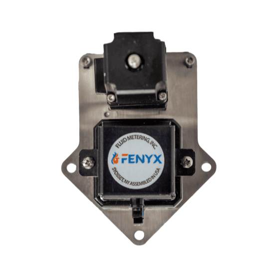 Rectangular electronic component with a black top section and a circular label with FENYX Variable Dispense logo, mounted on a metallic plate