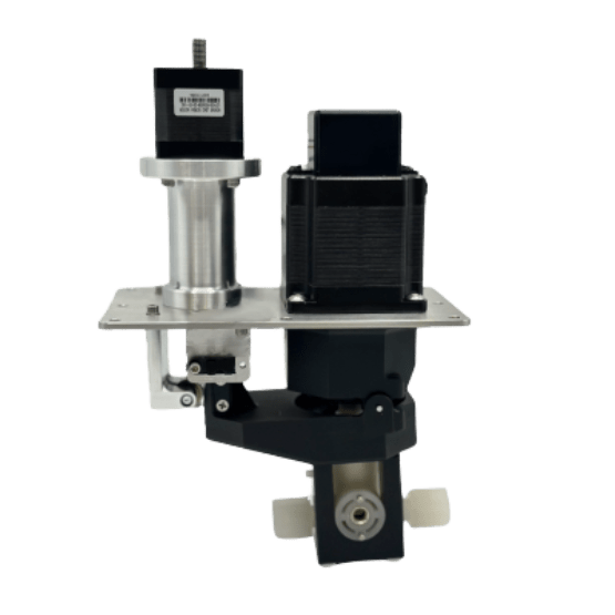 Mechanical assembly with black motor and metal linear actuator units on a metallic base plate, attached to a cylindrical component below