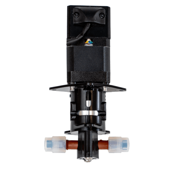Black mechanical pump component with a vertical black housing and horizontal tubing connectors on either side at the base