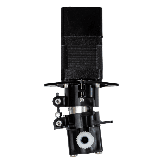 Side view of an electric motor assembly with a black housing, metal shaft, and tubing connectors