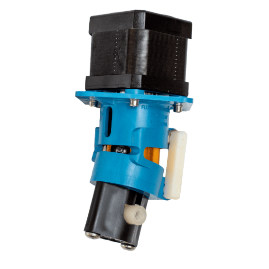 Mechanical pump component with electric motor with black, blue, and off-white components