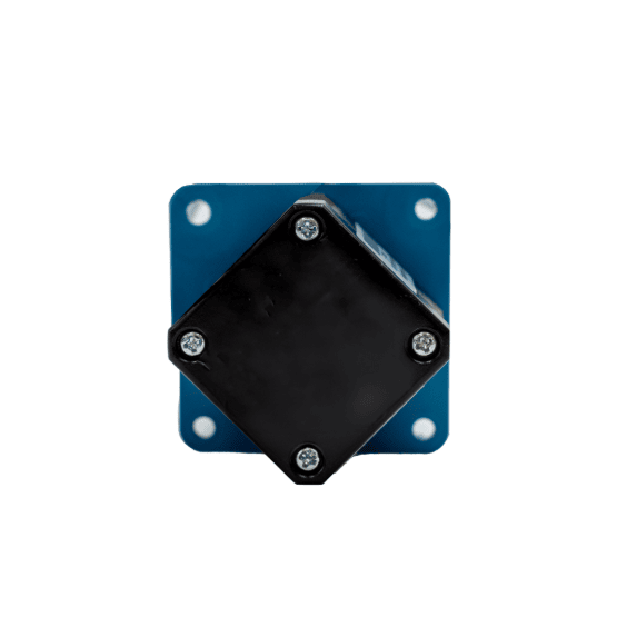 Black square electronic component with four screws on a blue rectangular base