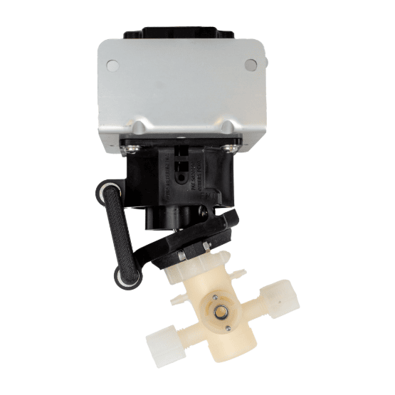 A mechanical pump component with a silver rectangular mounting bracket, connected to a black mold and a beige cylindrical part with ports