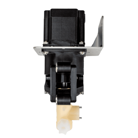 A mechanical pump motor assembly with a black rectangular motor mounted on a metal plate and beige cylindrical pump head