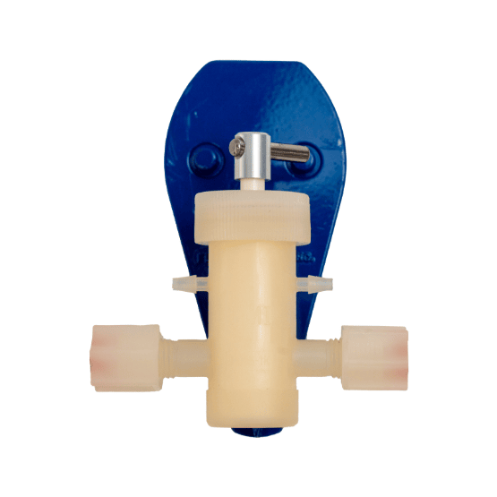 Mechanical pump head component with ceramic T-shaped body mounted on a blue tear-drop-shaped base