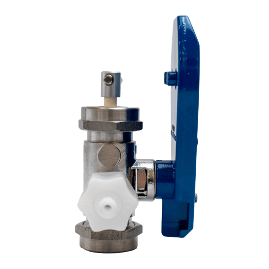 Side-view of metal pump head with white connector and a blue tear-drop-shaped mounting plate