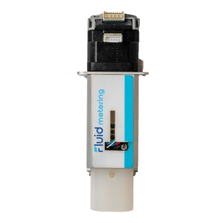 Fluid Metering's FDD Direct Drive with a black top, light blue and white label, blue text, and white cylindrical bottom