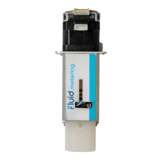 Fluid Metering's FDD Direct Drive with a black top, light blue and white label, blue text, and white cylindrical bottom
