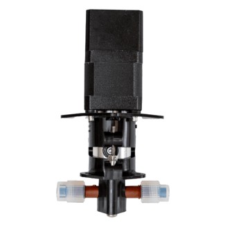 Fluid Metering's Metering Pump with black rectangular motor top, cylindrical middle, and capped plastic fittings on the bottom