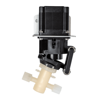 Fluid Metering's STFQ pump with a black rectangular housing and white cylindrical pump head