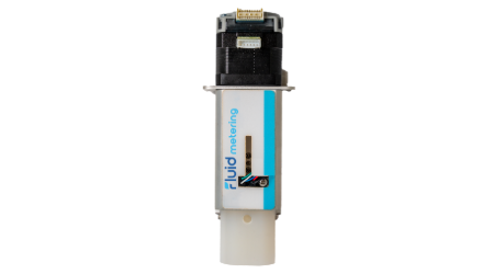 Fluid Metering's FDD Direct Drive with a black top, light blue and white label, blue text, and white cylindrical bottom