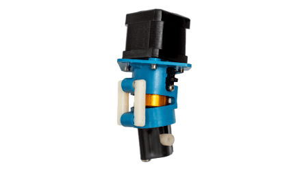 Fluid Metering's STF Series pump with a black, blue, and orange cylindrical body, showing various attachments and screws