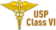Golden caduceus symbol next to "USP Class VI" text