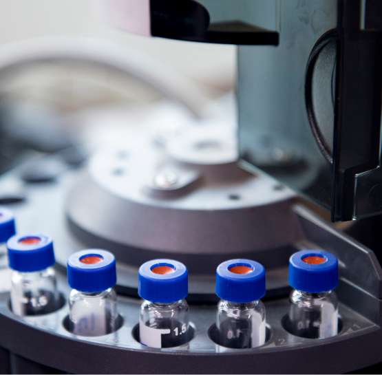 Close-up of a laboratory carousel holding several small vials with blue caps