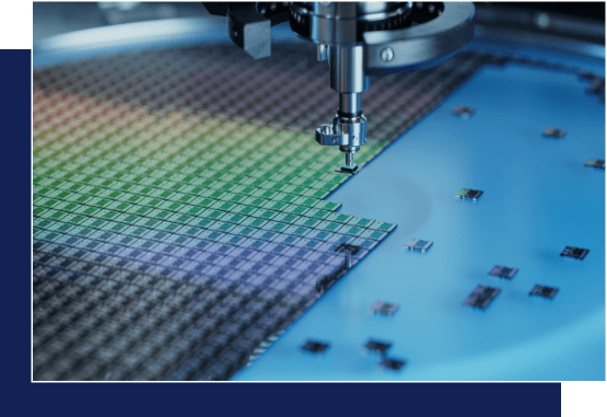 Close-up of semiconductor wafers being processed by a robotic arm