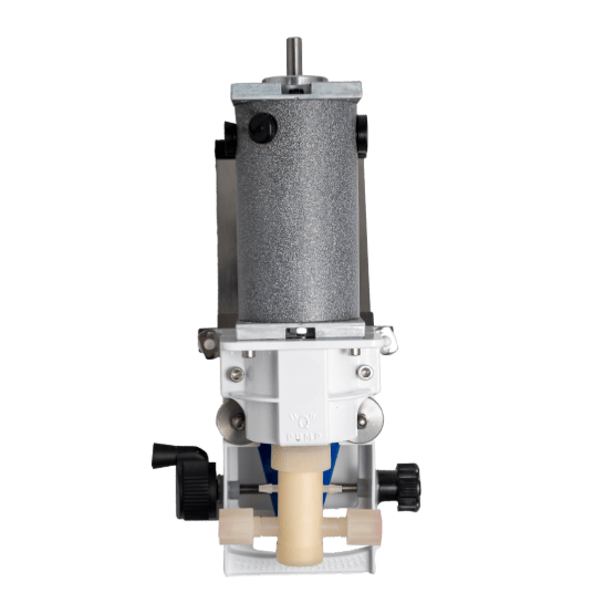 Vertical view of a mechanical pump device featuring a grey cylindrical motor, white housing, and black adjustment knobs