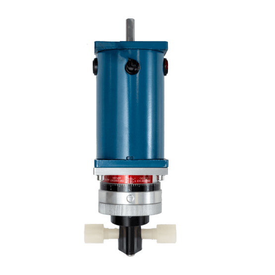 Vertical industrial pump assembly with a blue cylindrical motor with metallic rod, and lower black section with white connectors