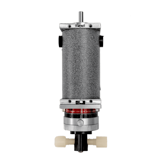 Front view of a cylindrical mechanical pump device with a gray motor, metallic caps, calibration markings, and black pump head with white connectors