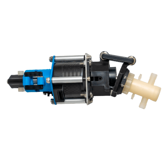Close-up of a mechanical dual pump component with black, blue, and white parts