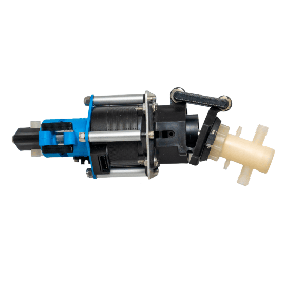 Close-up of a mechanical dual pump component with black, blue, and white parts