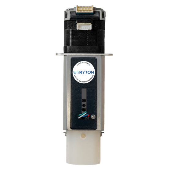Fluid metering pump device with black upper section, white and blue middle section, and off-white cylindrical bottom