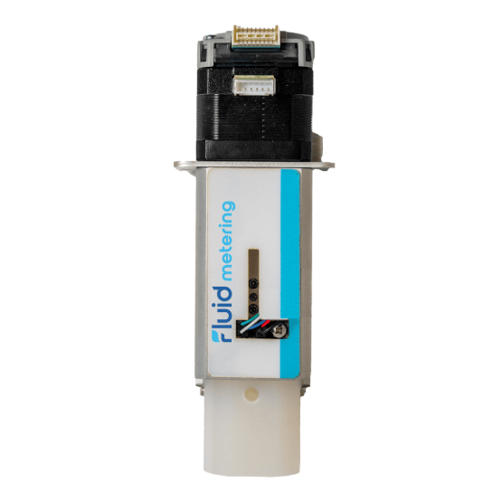 Fluid metering pump device with black upper section, white and blue middle section, and off-white cylindrical bottom