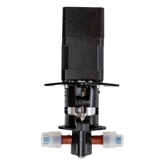 Black mechanical pump component with tubing and blue fittings