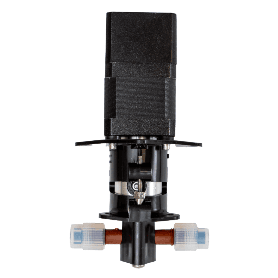 Black mechanical pump component with tubing and blue fittings